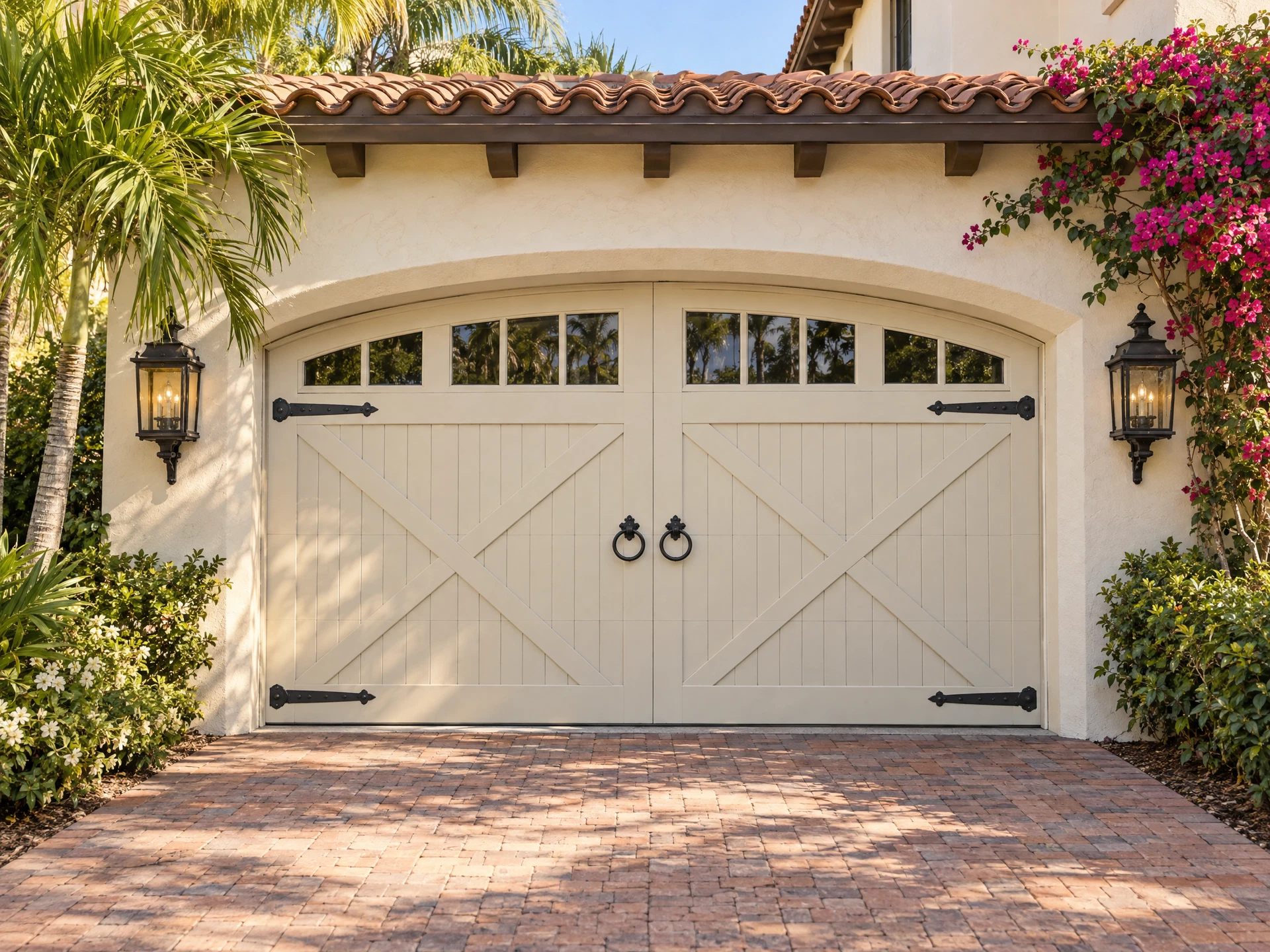 Carriage house style garage door with decorative iron hinges and handles on a Mediterranean style South Florida home