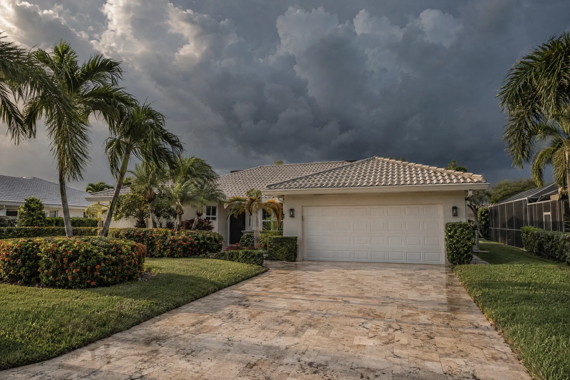 Coastal South Florida home with a two-car garage door as summer storm clouds build over the neighbourhood