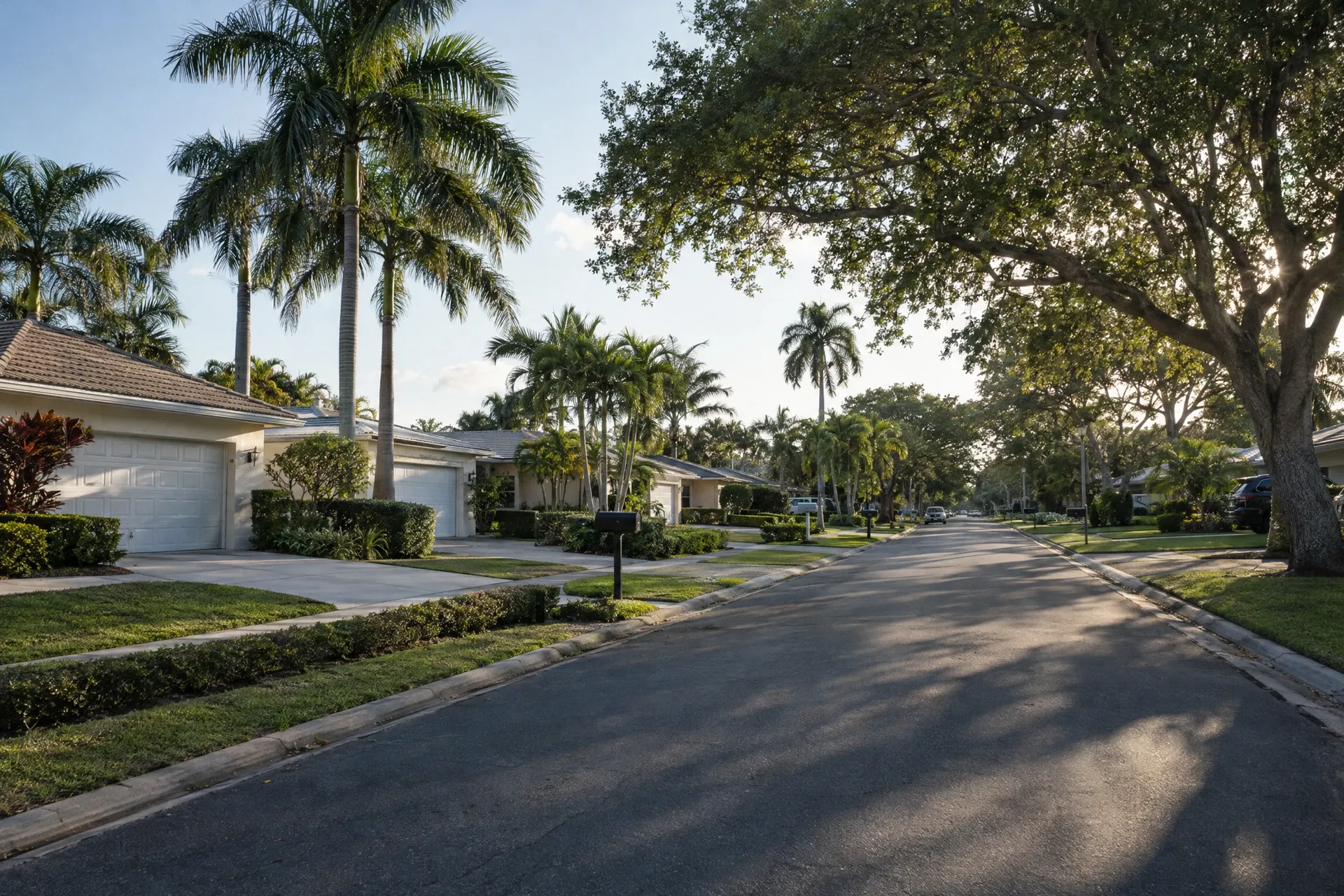 Quiet Fort Lauderdale residential street with single-storey homes, two-car garages and mature palm trees