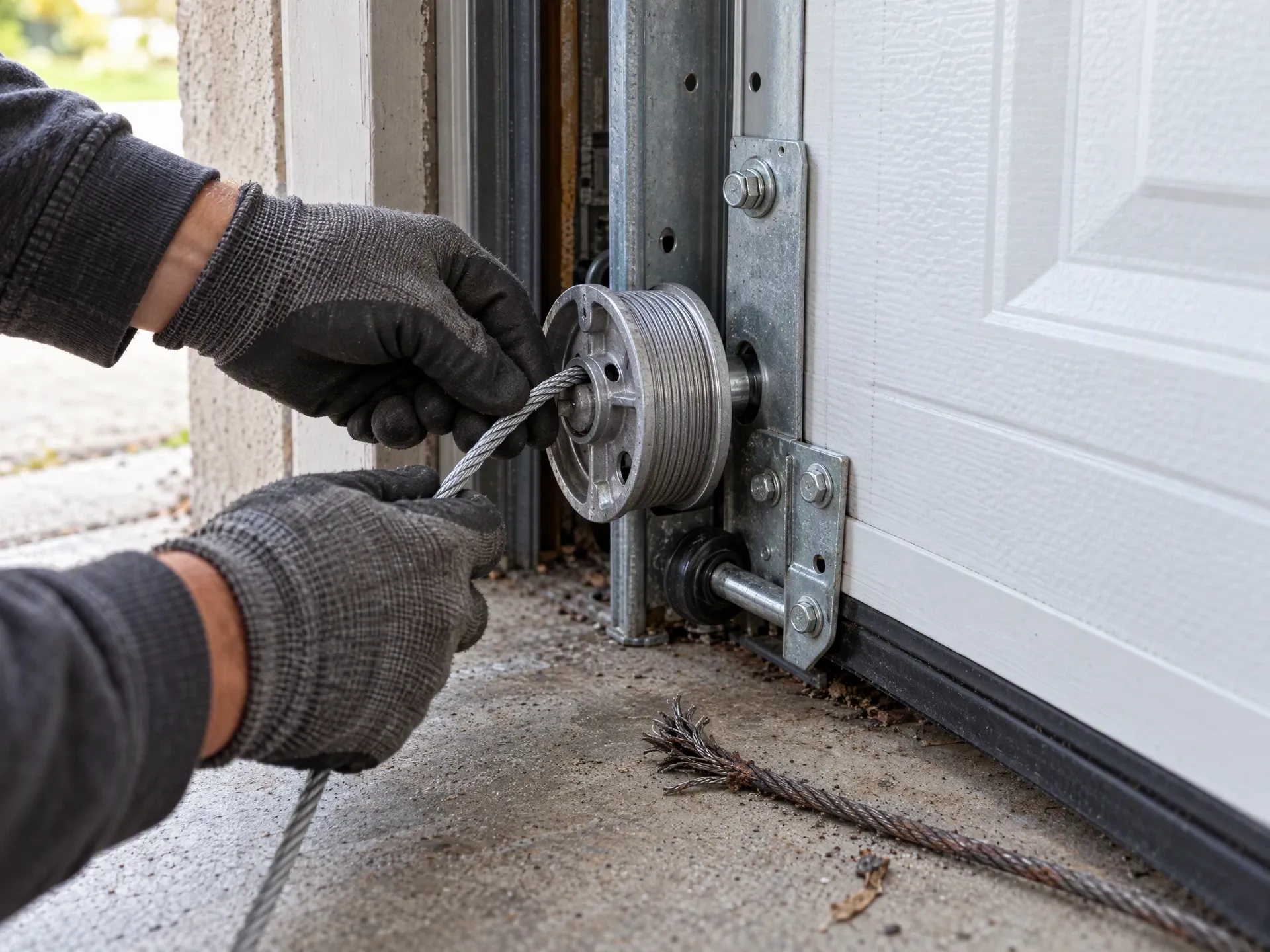Technician threading a new steel cable through the drum at the bottom corner of a residential garage door