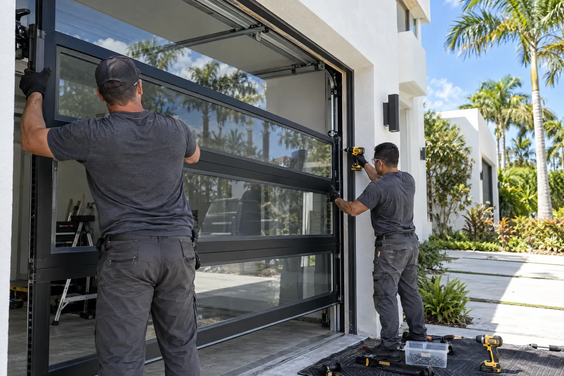 Two technicians installing a new modern aluminium and glass residential garage door on a South Florida home