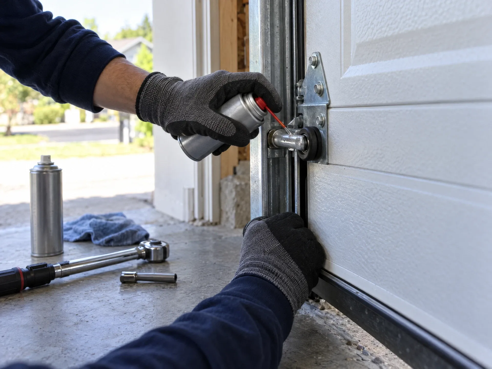 Technician lubricating the hinge and roller of a white sectional garage door during a maintenance tune-up