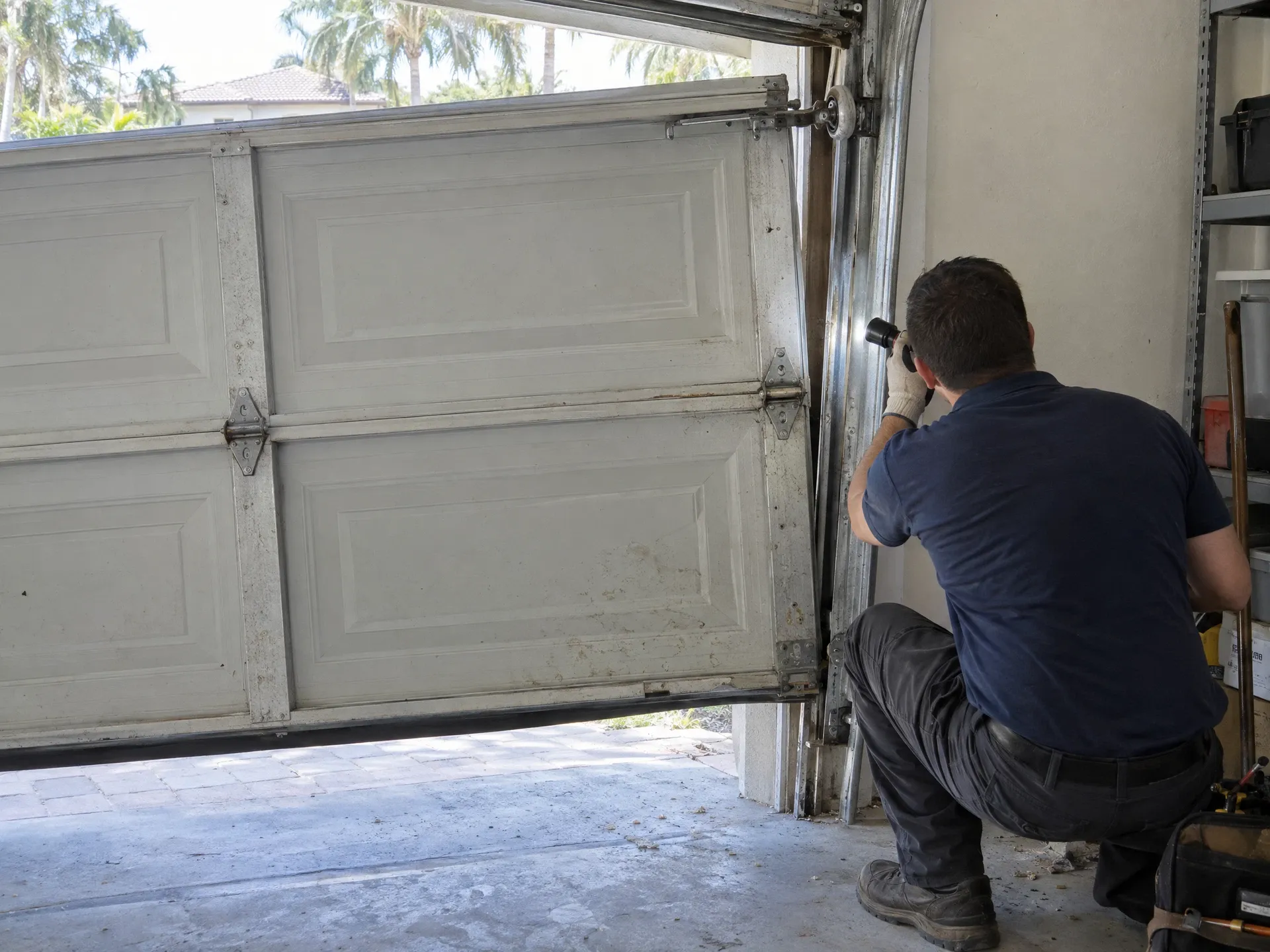 Residential garage door off its track with a bent vertical track and displaced roller