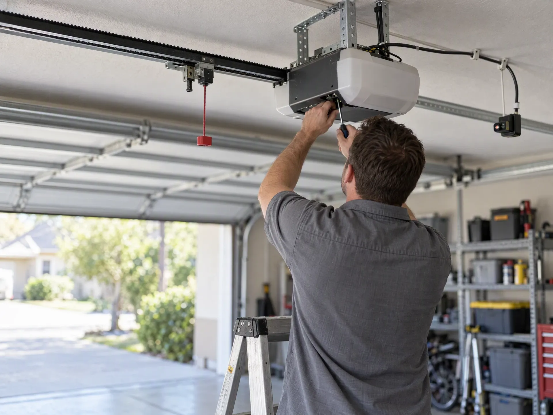 Technician repairing a ceiling-mounted residential garage door opener rail and trolley