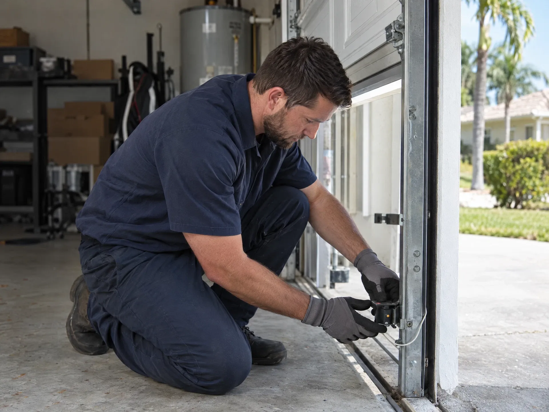 Technician testing the safety sensor of an open residential garage door during a garage door safety inspection