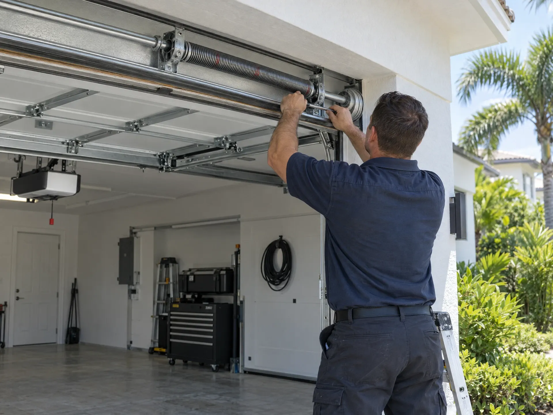 Garage door technician adjusting the torsion spring assembly on a modern residential garage door in Fort Lauderdale