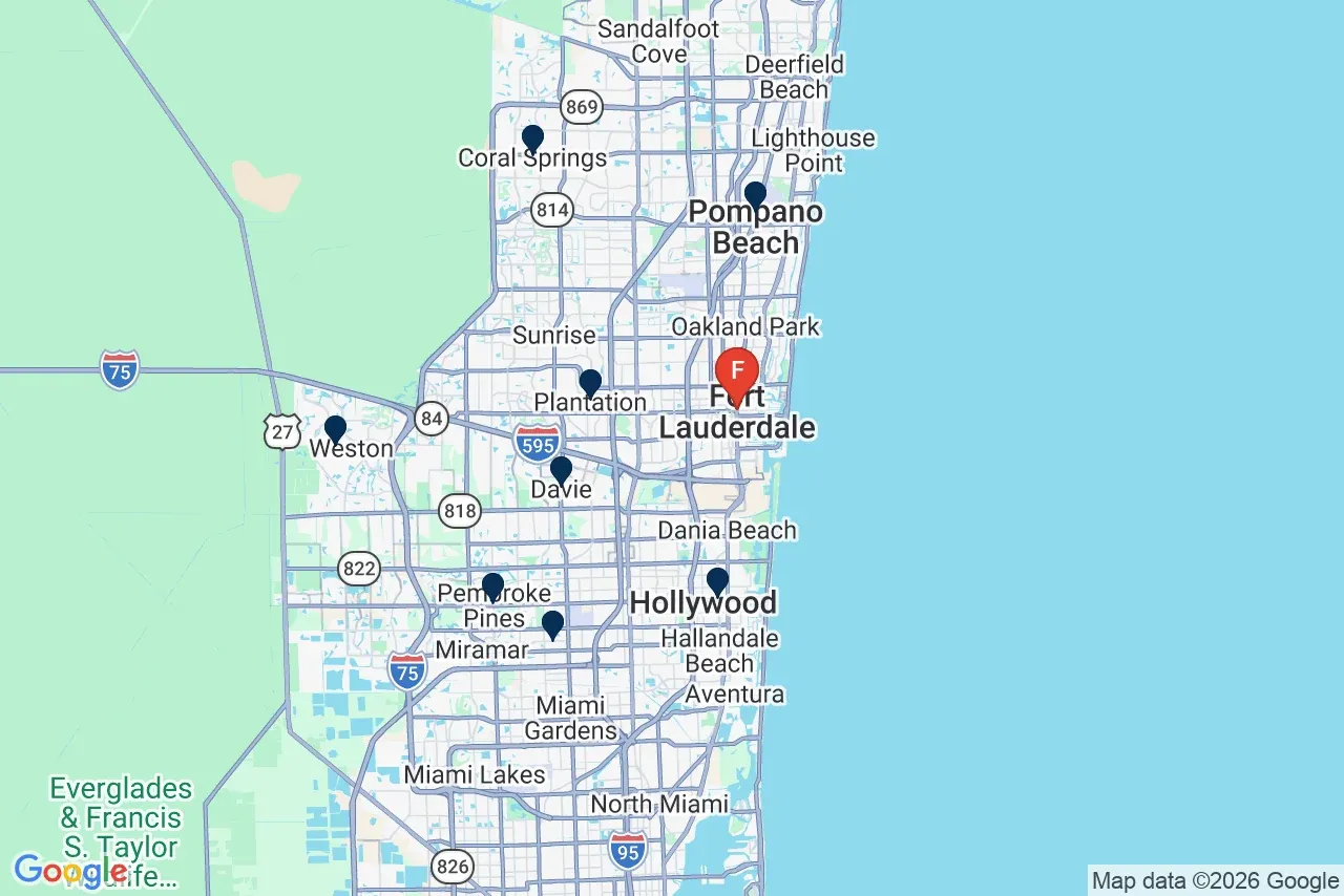 Google map of the 911 Garage Repair service area, marking Fort Lauderdale as the primary coverage centre with Pompano Beach, Coral Springs, Plantation, Davie, Hollywood, Pembroke Pines, Miramar and Weston around it