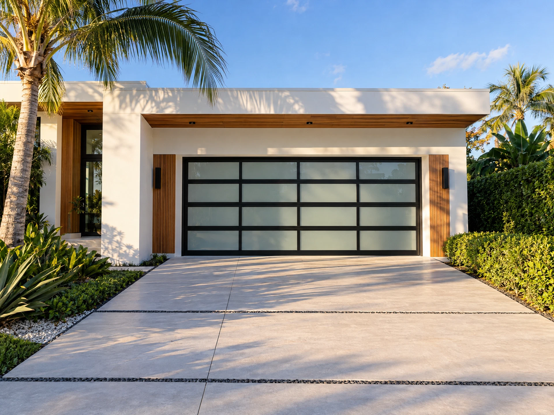 Modern full-view aluminium and glass garage door on a contemporary white stucco Fort Lauderdale home
